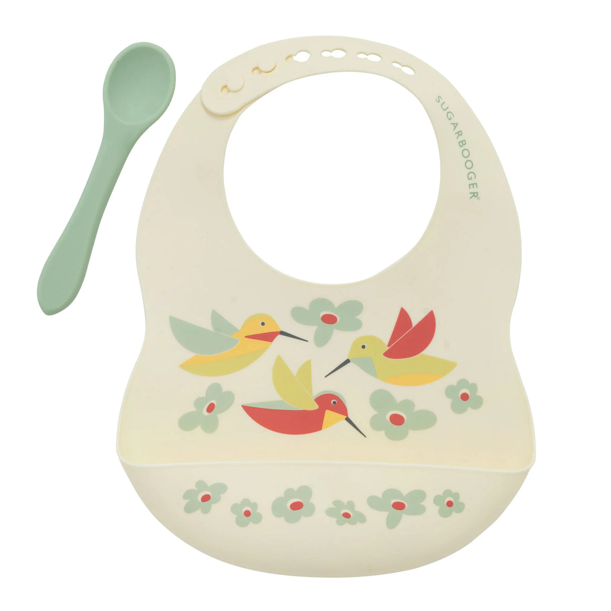 Fresh & Messy Silicone Bib & Spoon Set | Hummingbird with colorful birds and flowers, easy-clean silicone bib and matching spoon.