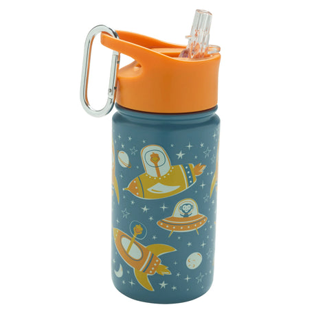 Zoom! Stainless Steel Flip & Sip with space animal design, orange flip top, clear spout, and attached carabiner clip.