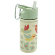 Stainless Steel Flip & Sip | Hummingbird with colorful birds, flowers, green lid, clear flip straw, and carabiner clip.