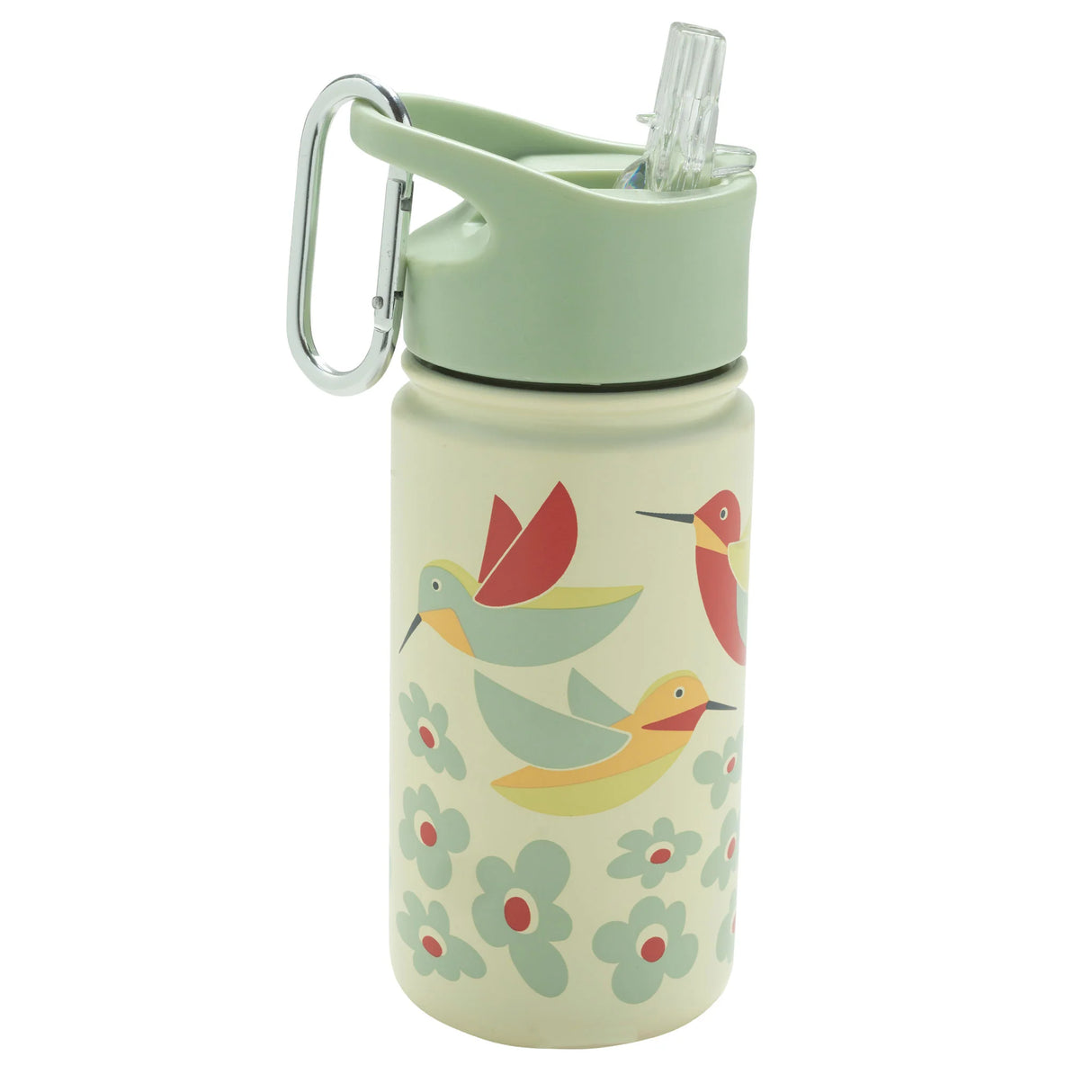 Stainless Steel Flip & Sip | Hummingbird with colorful birds, flowers, green lid, clear flip straw, and carabiner clip.
