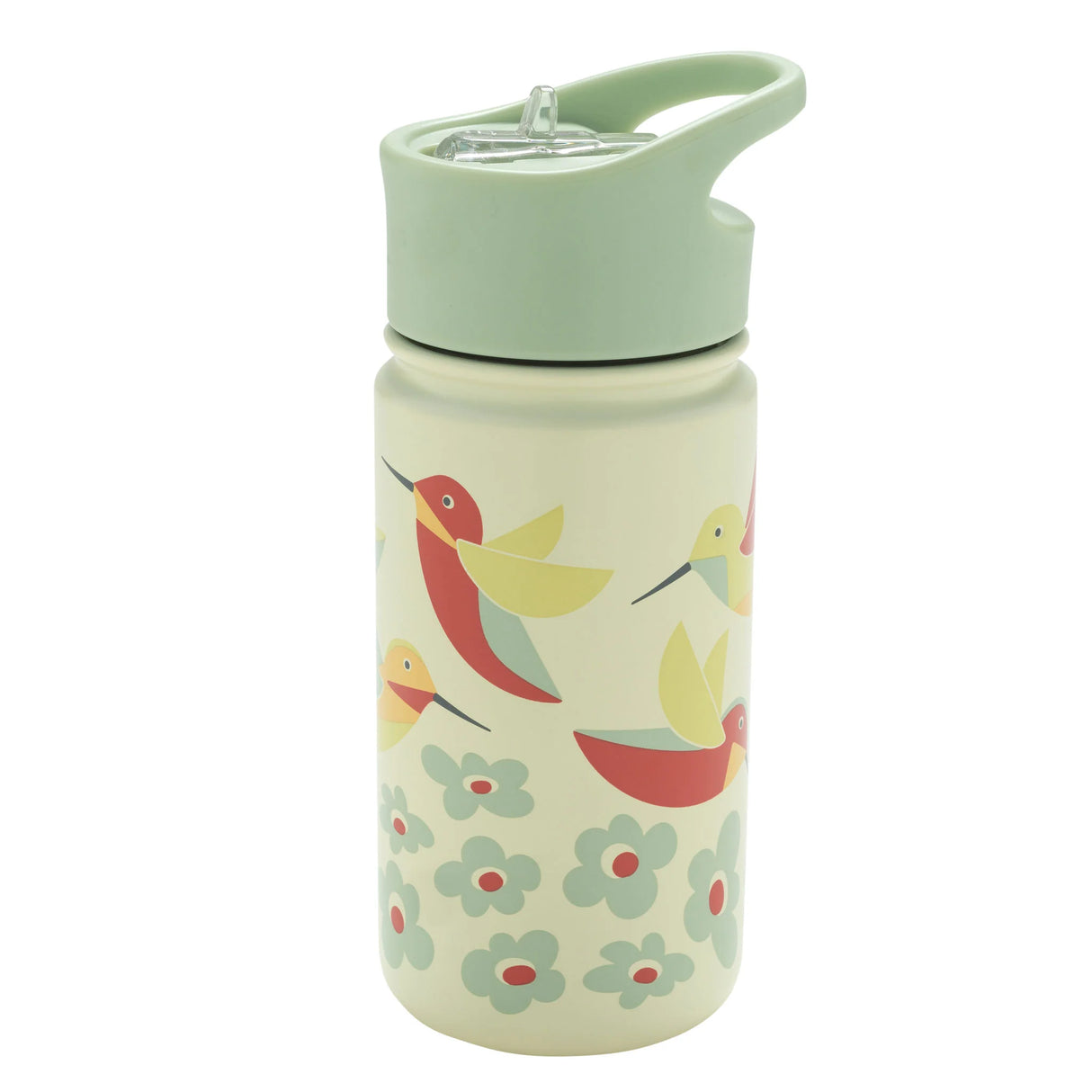 Stainless Steel Flip & Sip | Hummingbird with colorful hummingbirds and flowers, green lid, and kid-friendly spout.
