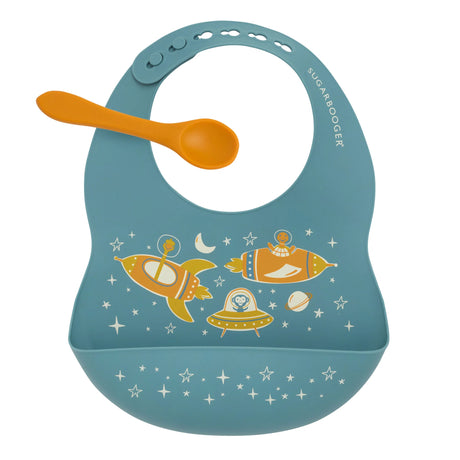 Fresh & Messy Silicone Bib & Spoon Set with space critters, adjustable bib, and matching spoon for easy clean-up.