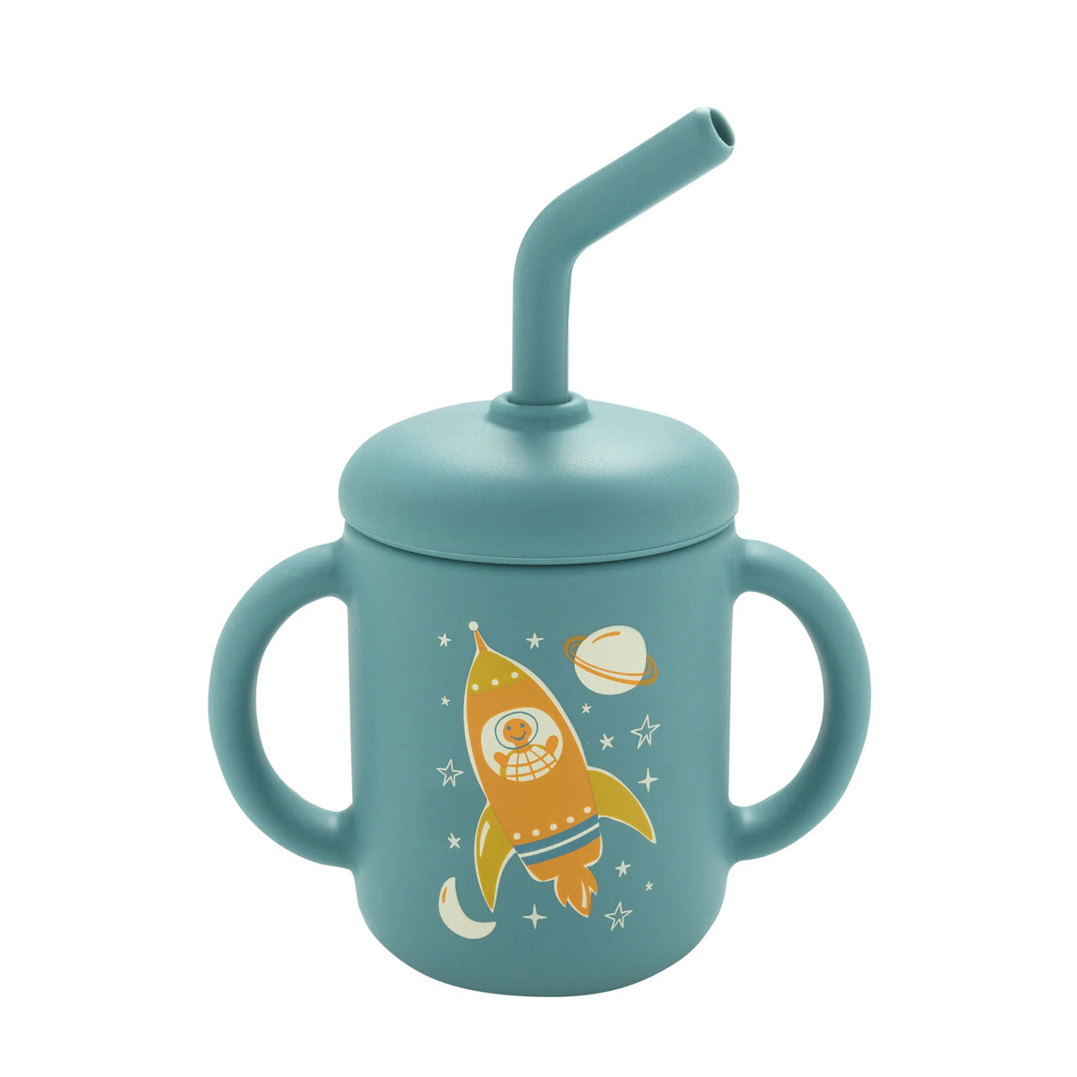 Fresh & Messy Sippy Cup | Zoom! silicone sippy with two handles, removable lid, and rocket space design for kids.