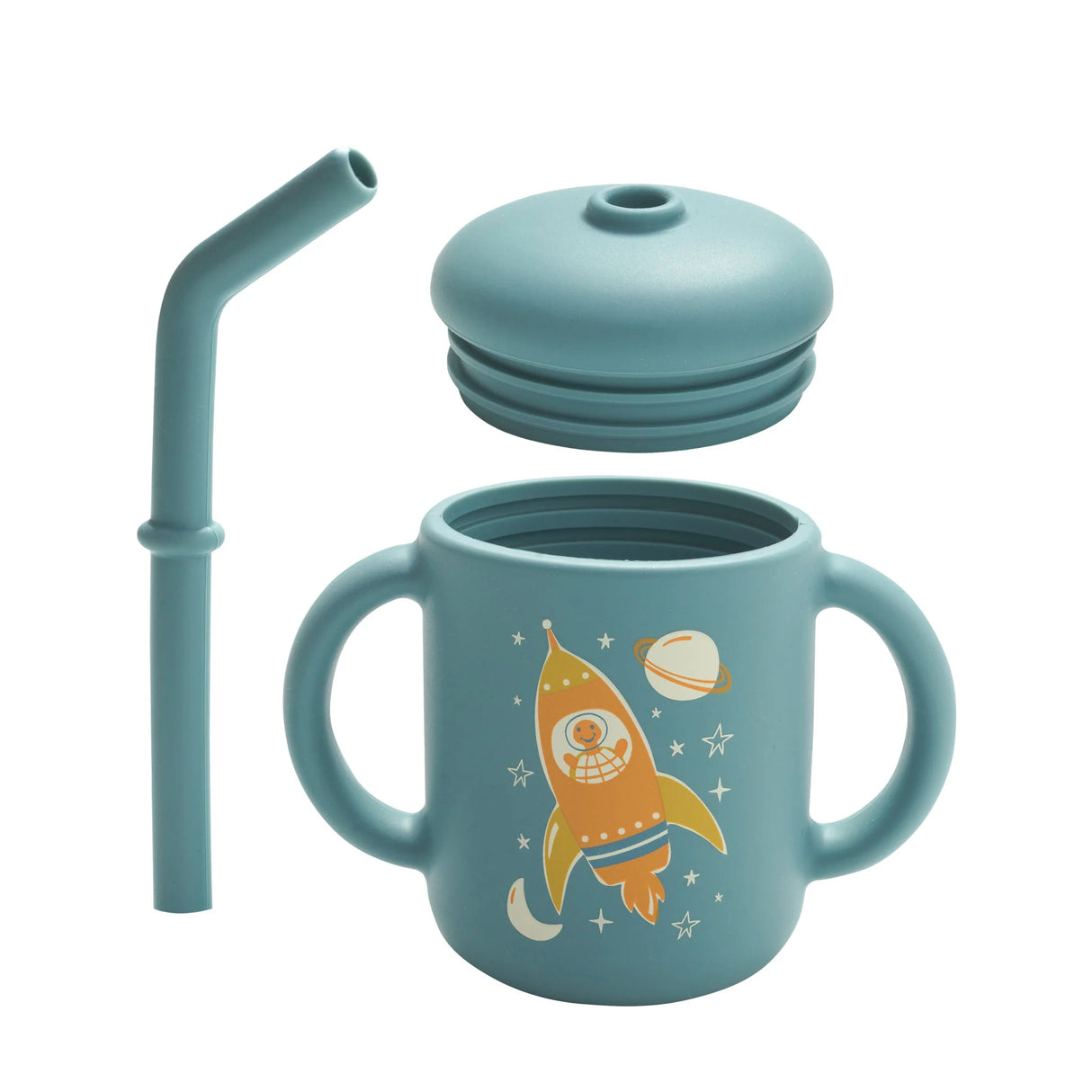 Fresh & Messy Sippy Cup | Zoom! with removable lid and straw, two handles, and space rocket design for kids.