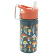 Stainless Steel Flip & Sip Mostly Mushrooms bottle with mushroom designs, orange lid, carabiner, and clear spout.
