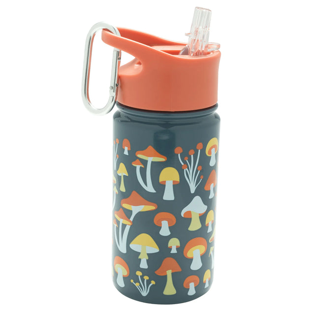 Stainless Steel Flip & Sip Mostly Mushrooms bottle with mushroom designs, orange lid, carabiner, and clear spout.