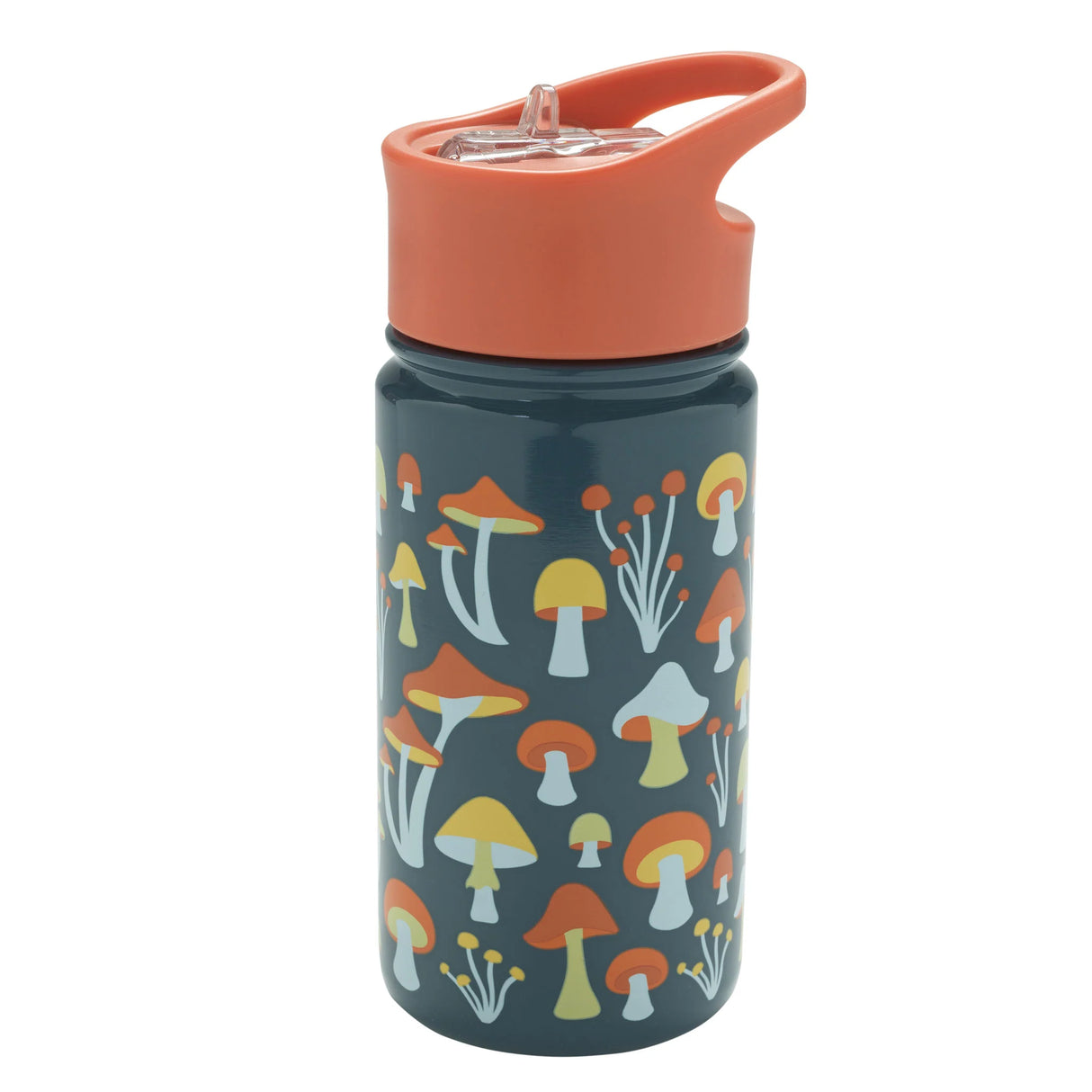 Mostly Mushrooms Stainless Steel Flip & Sip with colorful mushroom design and orange lid, 14 oz insulated kids bottle.