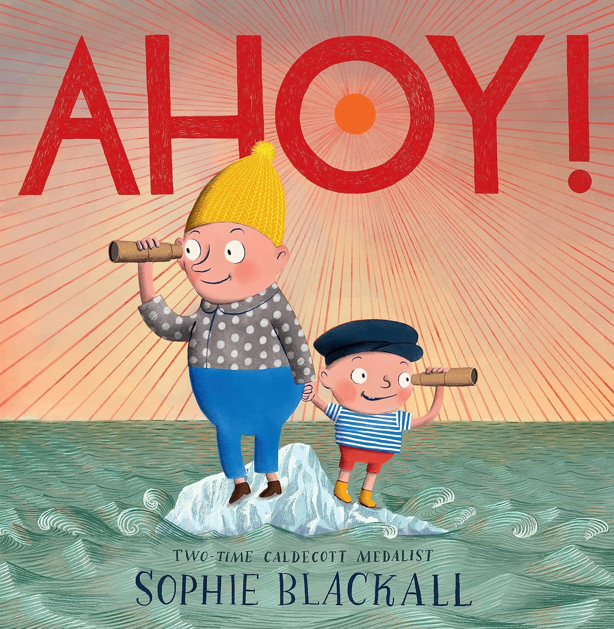 Illustration from Ahoy! showing child captain and parent first mate using telescopes on a small iceberg at sea.