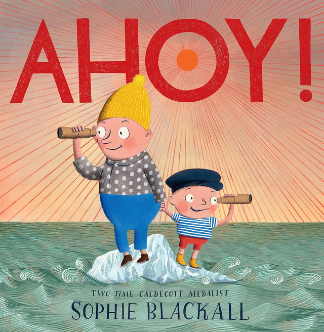 Illustration from Ahoy! showing child captain and parent first mate using telescopes on a small iceberg at sea.