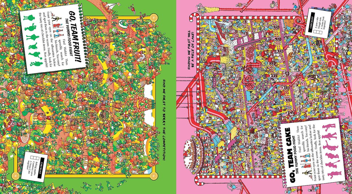 Where's Waldo? Great Speed Search book open to colorful Team Fruit and Team Cake search-and-find pages.