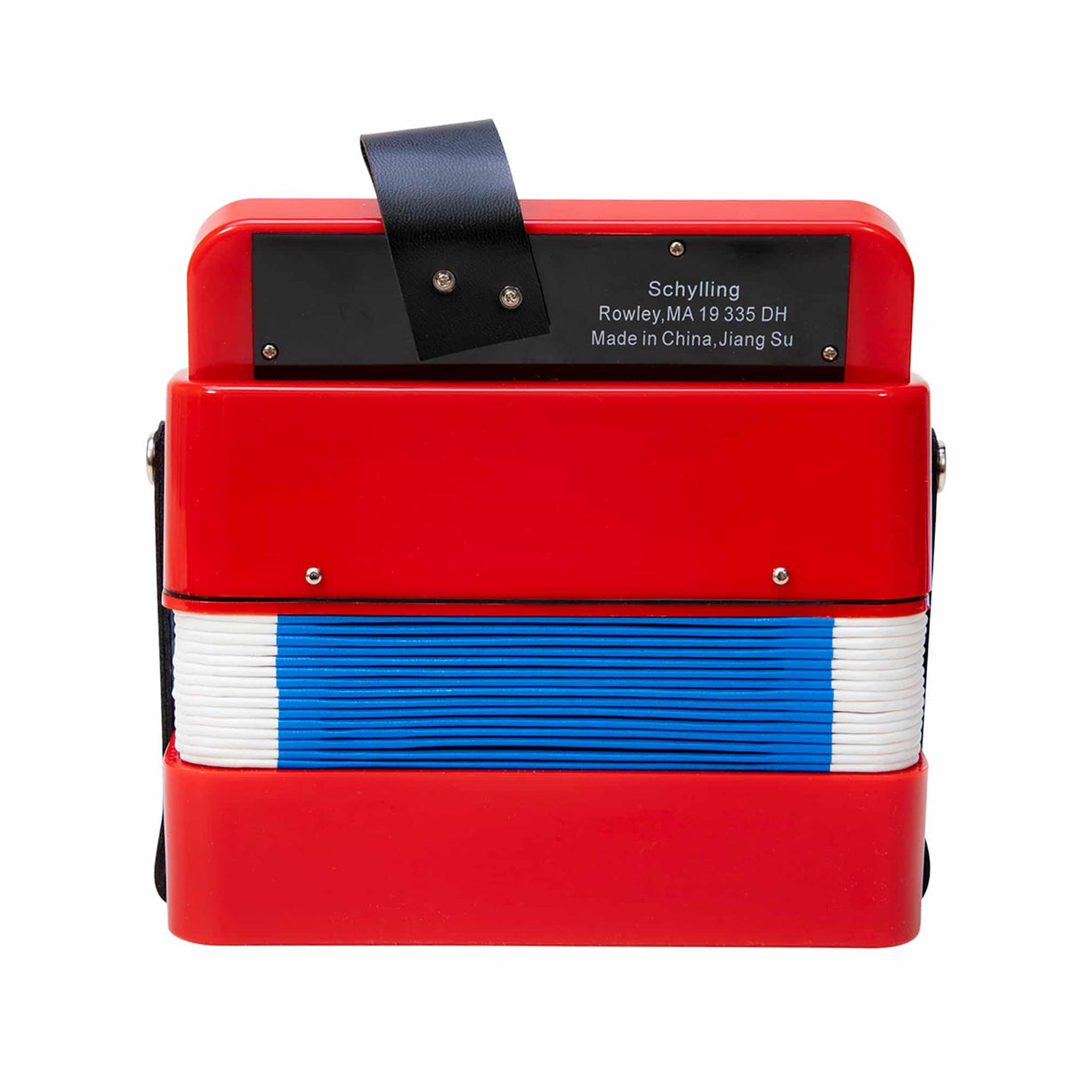 Accordian with red wood construction, blue and white bellows, and durable plastic coating for easy playing and learning.