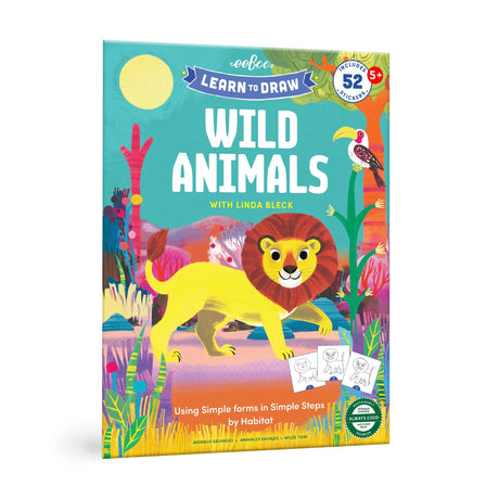 Learn to Draw | Wild Animals book cover featuring a colorful lion and nature scene for kids age 5+ drawing practice.
