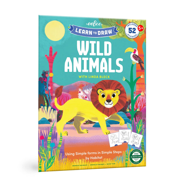 Learn to Draw | Wild Animals book cover featuring a colorful lion and nature scene for kids age 5+ drawing practice.