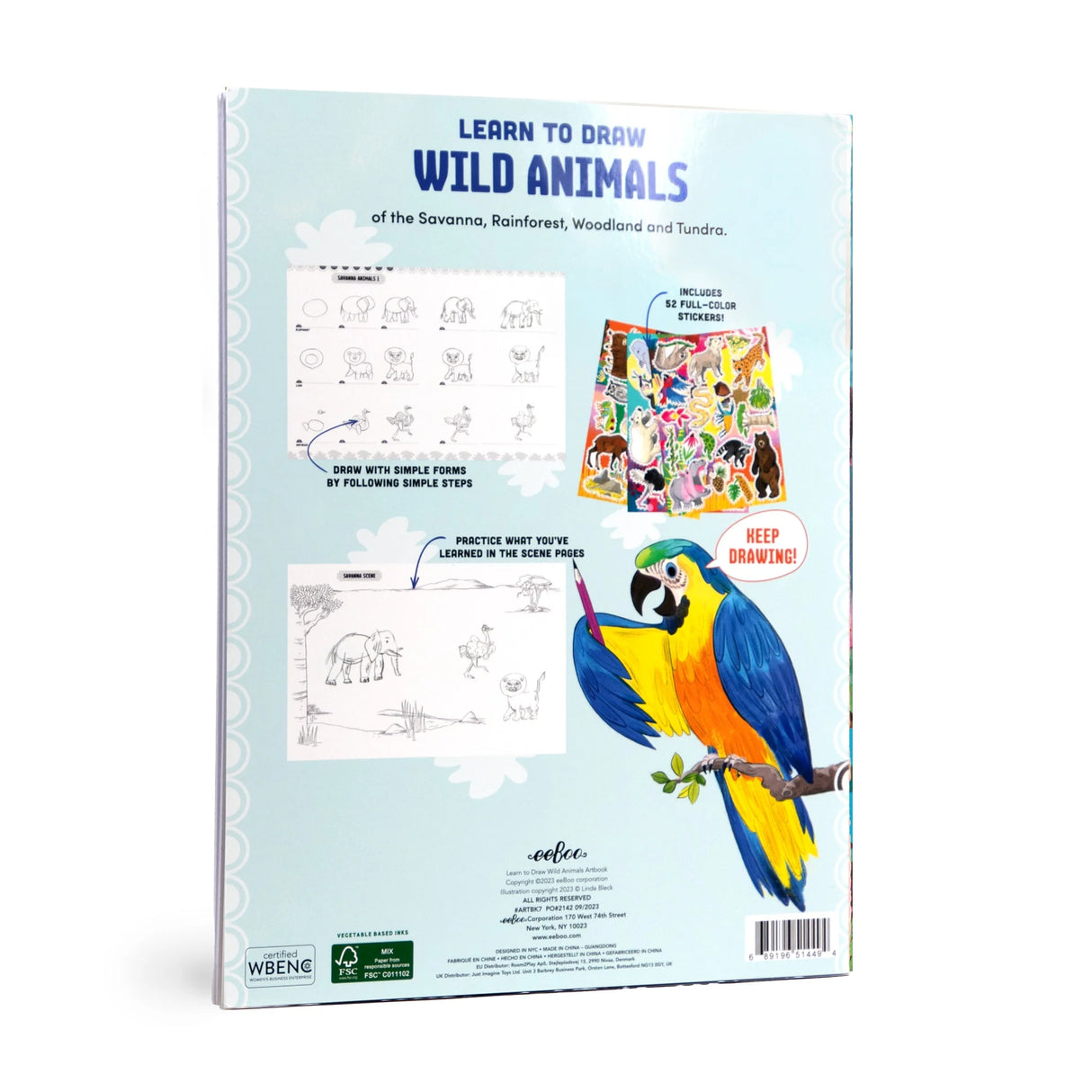 Learn to Draw | Wild Animals book back cover showing drawing steps, colorful stickers, and a parrot illustration.