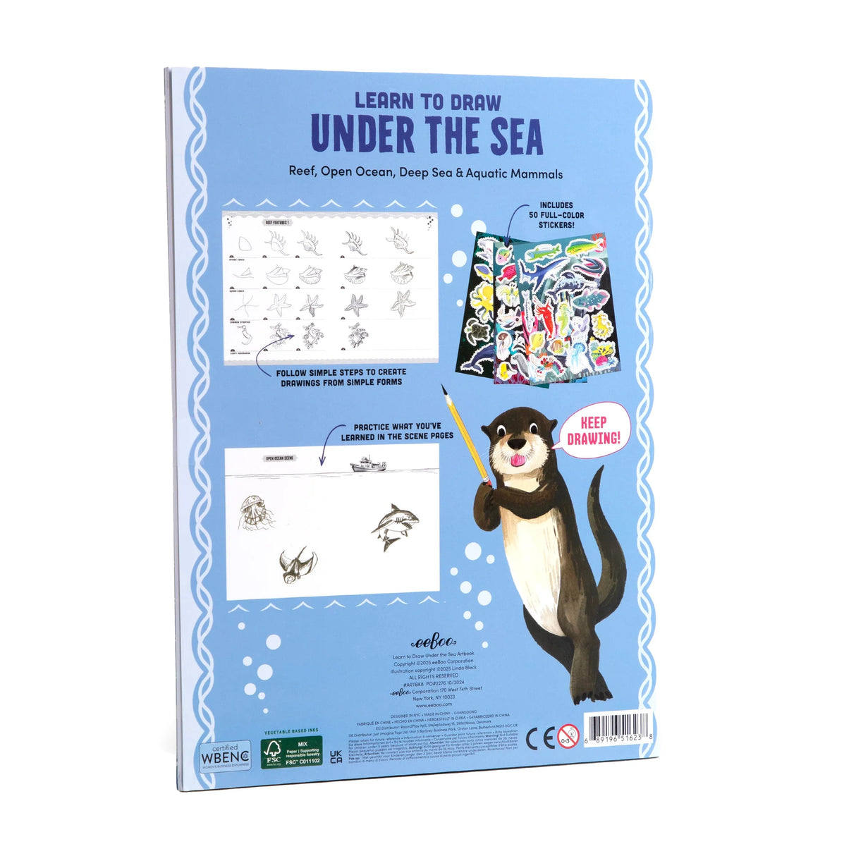 Learn to Draw | Under the Sea book back cover with drawing steps and colorful aquatic stickers by Linda Bleck.