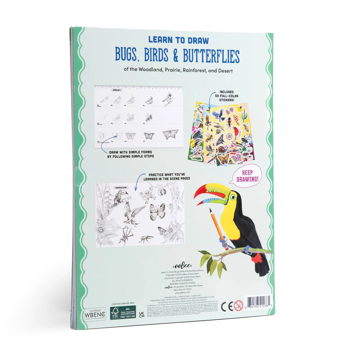 Learn to Draw | Bugs, Birds & Butterflies instructional book back cover with drawing steps and colorful stickers.