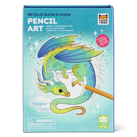 Pencil Art set with metallic blend and shade pencils featuring a colorful dragon illustration on the cover.