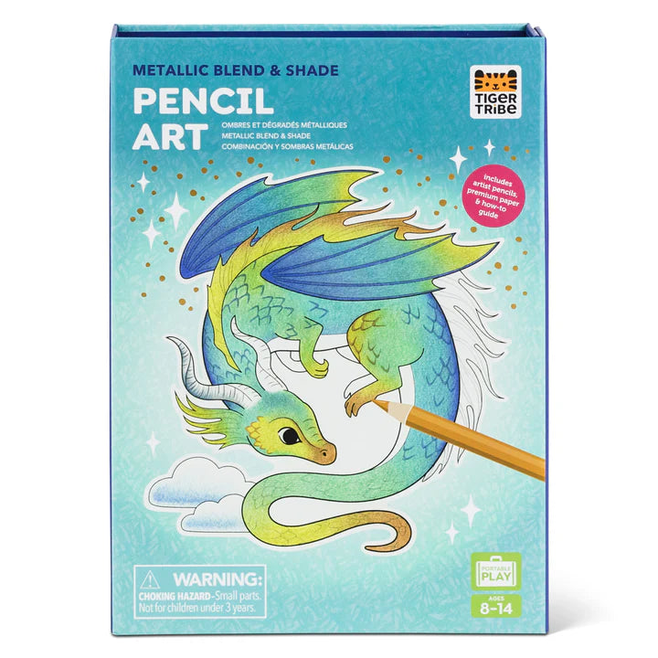Pencil Art set with metallic blend and shade pencils featuring a colorful dragon illustration on the cover.