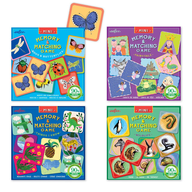 Mini Memory & Matching Game featuring Bugs & Butterflies, Fairytale, Things I Know, and Wildlife themed cards.
