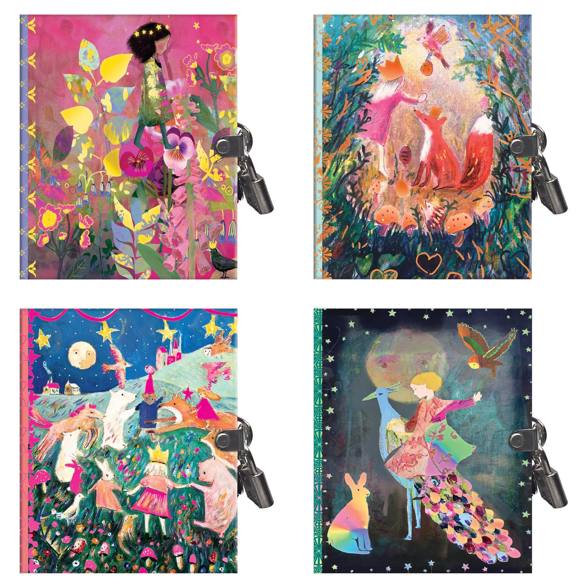 Very Small Journal | Claire set of four pocket-sized hardcover journals with foiled illustrated covers and lock with keys.