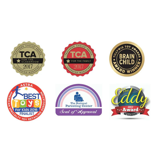 Mobi Number Tile Game award badges including 2017 TCA, Brain Child, Best Toys, National Parenting Center, and Eddy Award winner.