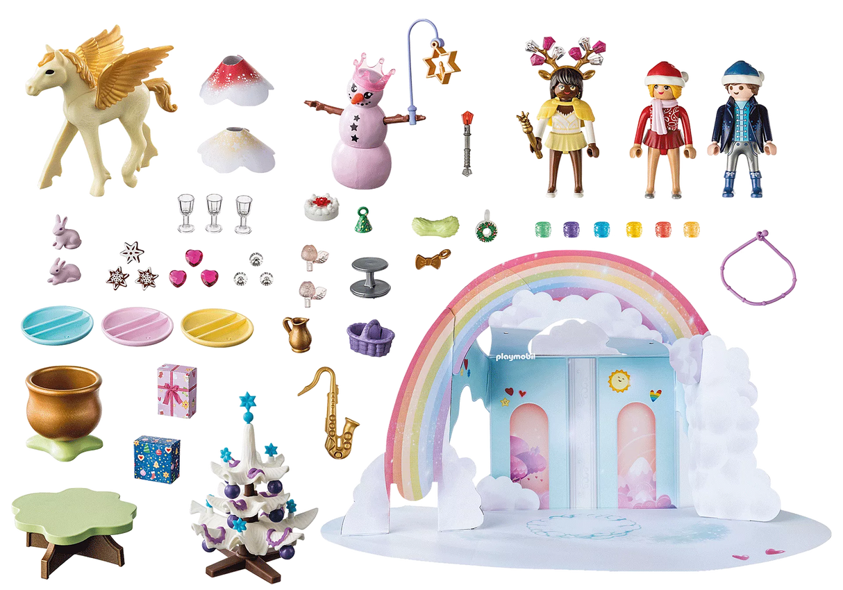 PLAYMOBIL Advent Calendar Christmas Under the Rainbow with princesses, Pegasus, snowwoman, rainbow, and festive accessories.