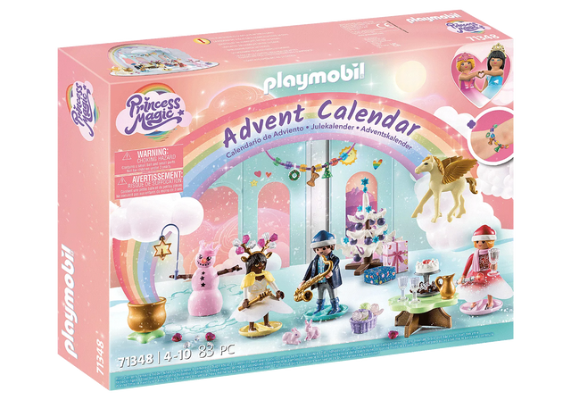PLAYMOBIL Advent Calendar Christmas Under the Rainbow with princesses, Pegasus, Christmas tree, and festive accessories.