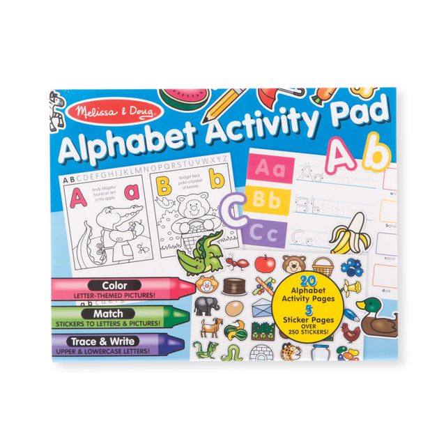 Alphabet Activity Pad with 20 pages of alphabet activities, coloring, matching stickers, and tracing uppercase and lowercase letters.