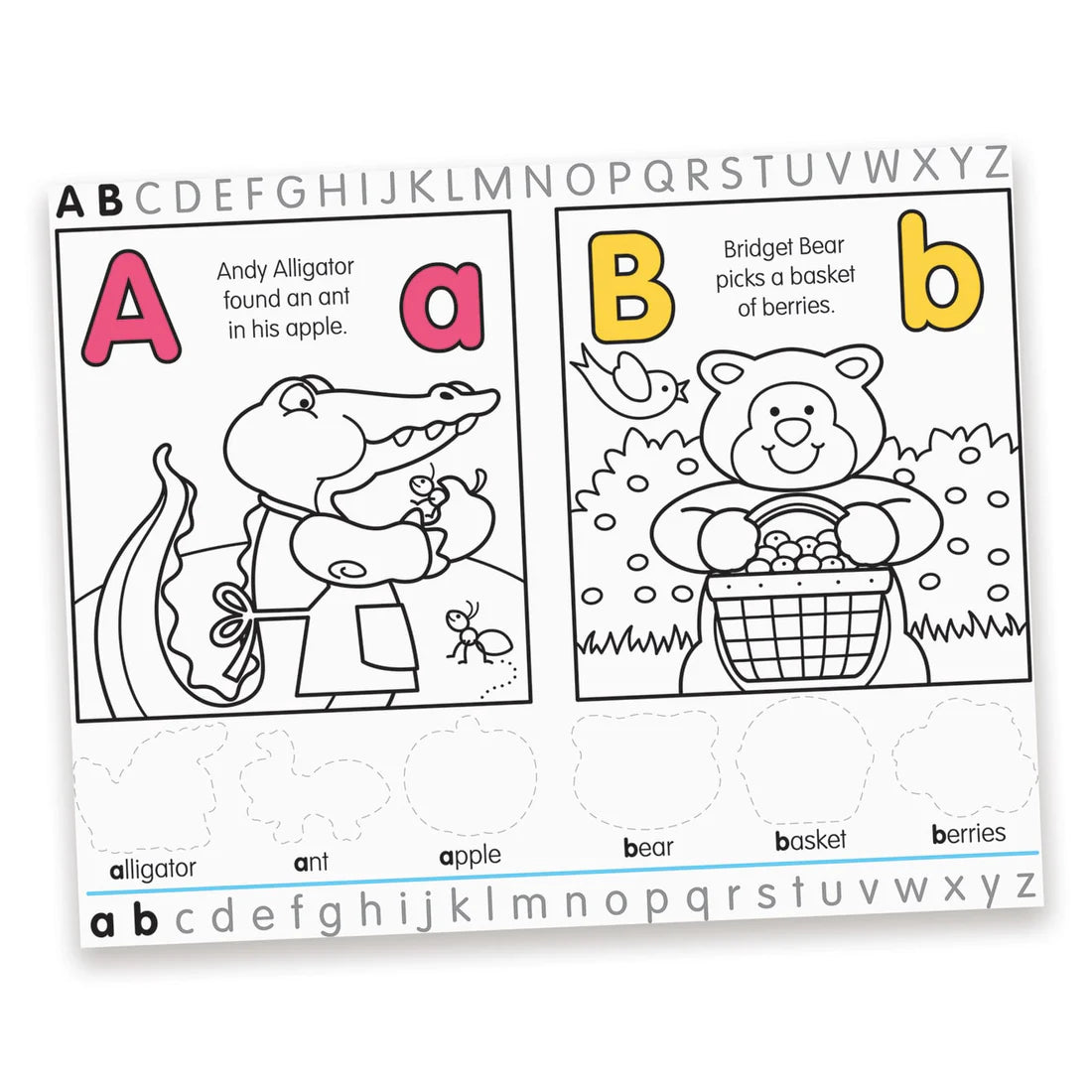 Alphabet Activity Pad page with letter A alligator and letter B bear coloring and tracing activities for kids.