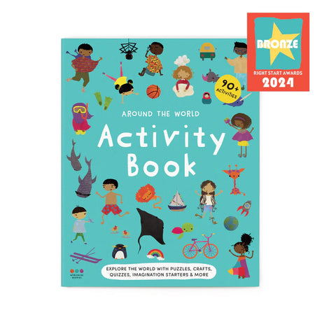 Cover of "Around the World Activity Book: Explore the World with Puzzles, Crafts, Quizzes, Imagination Starters, & More". Features cartoon illustrations of kids and objects around the world.