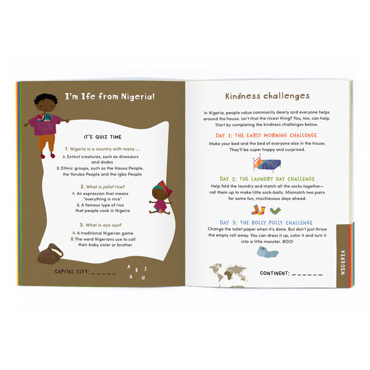 Open page in an activity book featuring a cartoon depiction, quiz, and activities about a child from Nigeria.