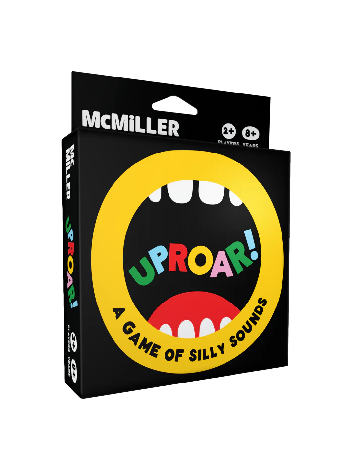 Uproar! card game box featuring colorful letters and a yellow circle with mouth design for ages 8 and up.