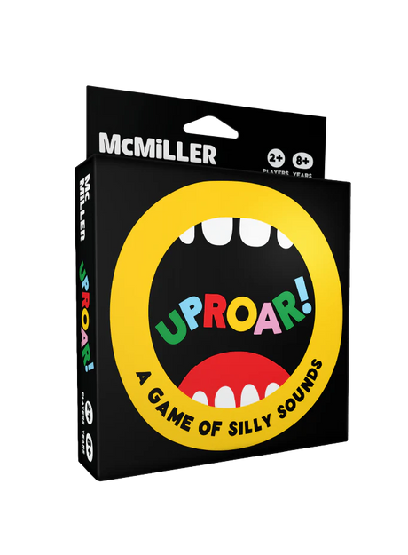 Uproar! card game box featuring colorful letters and a yellow circle with mouth design for ages 8 and up.