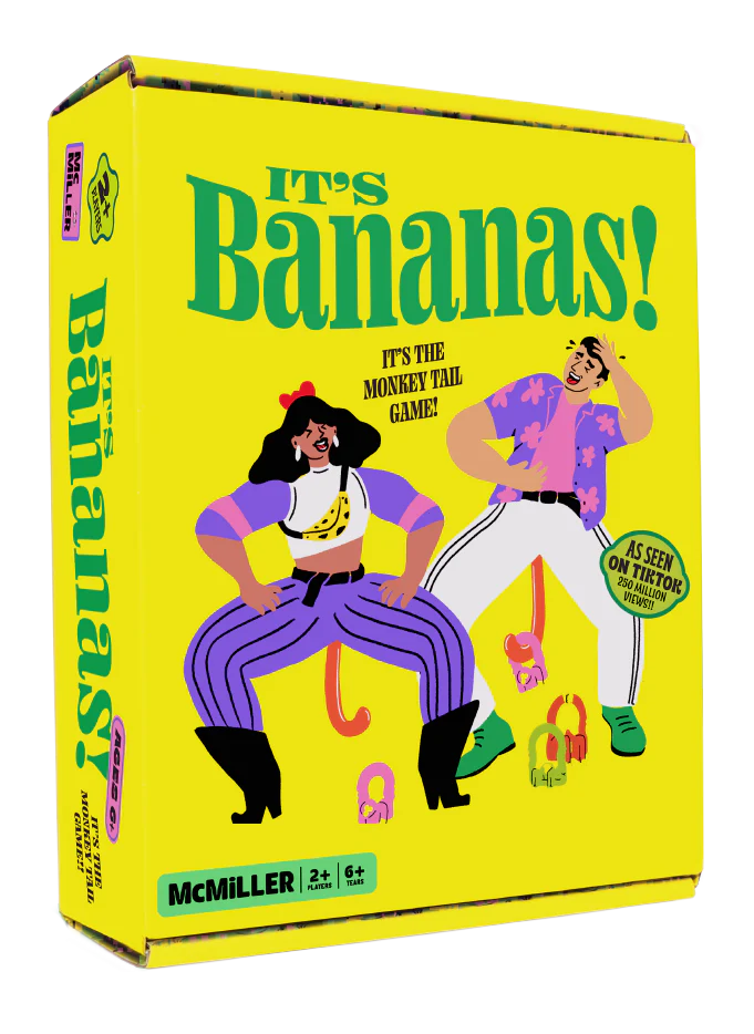 Bright yellow box of It's Bananas! party game showing two players with monkey tails and colorful outfits.