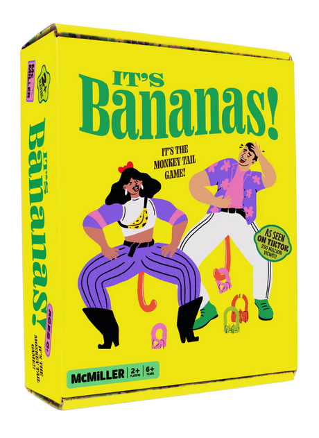 Bright yellow box of It's Bananas! party game showing two players with monkey tails and colorful outfits.