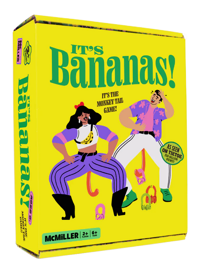 Bright yellow box of It's Bananas! party game showing two players with monkey tails and colorful outfits.