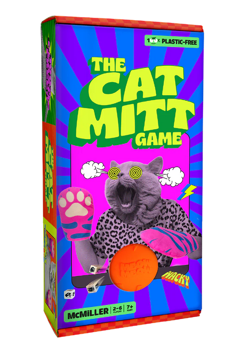 Colorful game box of The Cat Mitt Game featuring a cat with mitts and dice, plastic-free, for ages 7 and up.