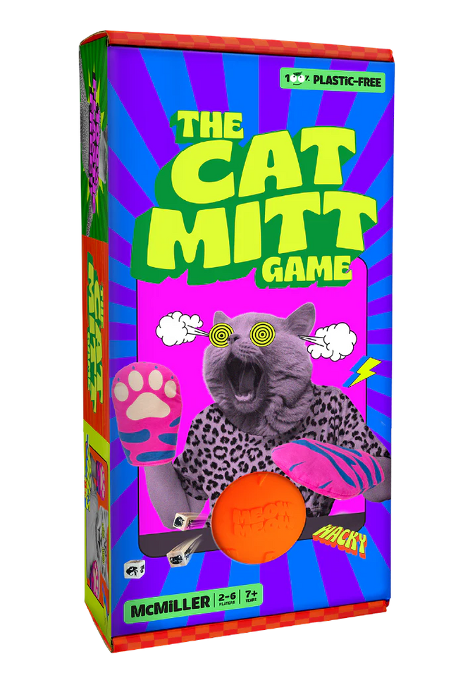 Colorful game box of The Cat Mitt Game featuring a cat with mitts and dice, plastic-free, for ages 7 and up.