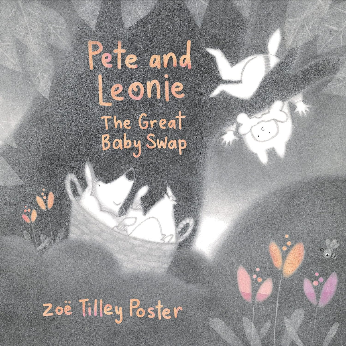 Pete and Leonie The Great Baby Swap book cover showing a coyote cub in a nest and a flying baby in a whimsical forest scene