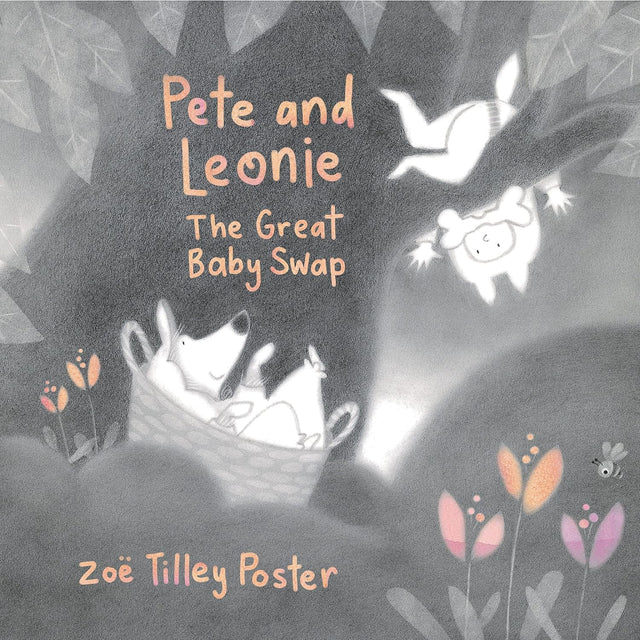 Pete and Leonie The Great Baby Swap book cover showing a coyote cub in a nest and a flying baby in a whimsical forest scene
