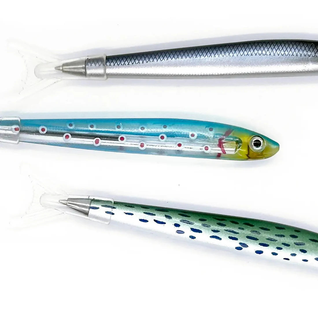Three pens designed to look like colorful fish with detailed patterns and clear fin-shaped tips on a white background.
