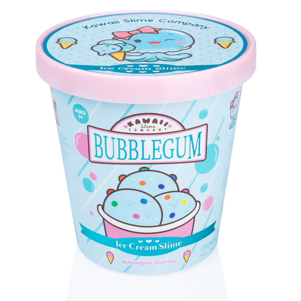 Bubblegum Ice Cream Slime in a pastel blue container with colorful slime scoops and a pink lid.