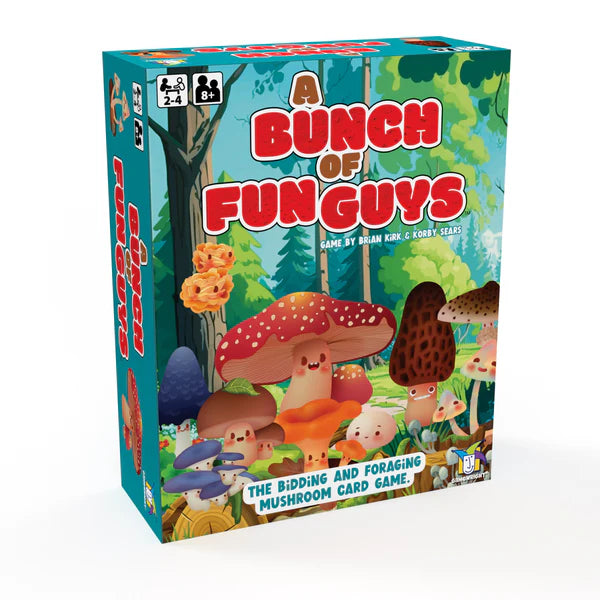 A Bunch of Fun Guys family card game box featuring colorful illustrated mushrooms in a magical forest setting.