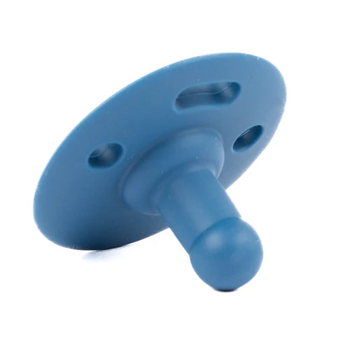 Blue silicone baby pacifier with breathing holes and clip attachment, soft and safe, Pacifier | Mini Man.