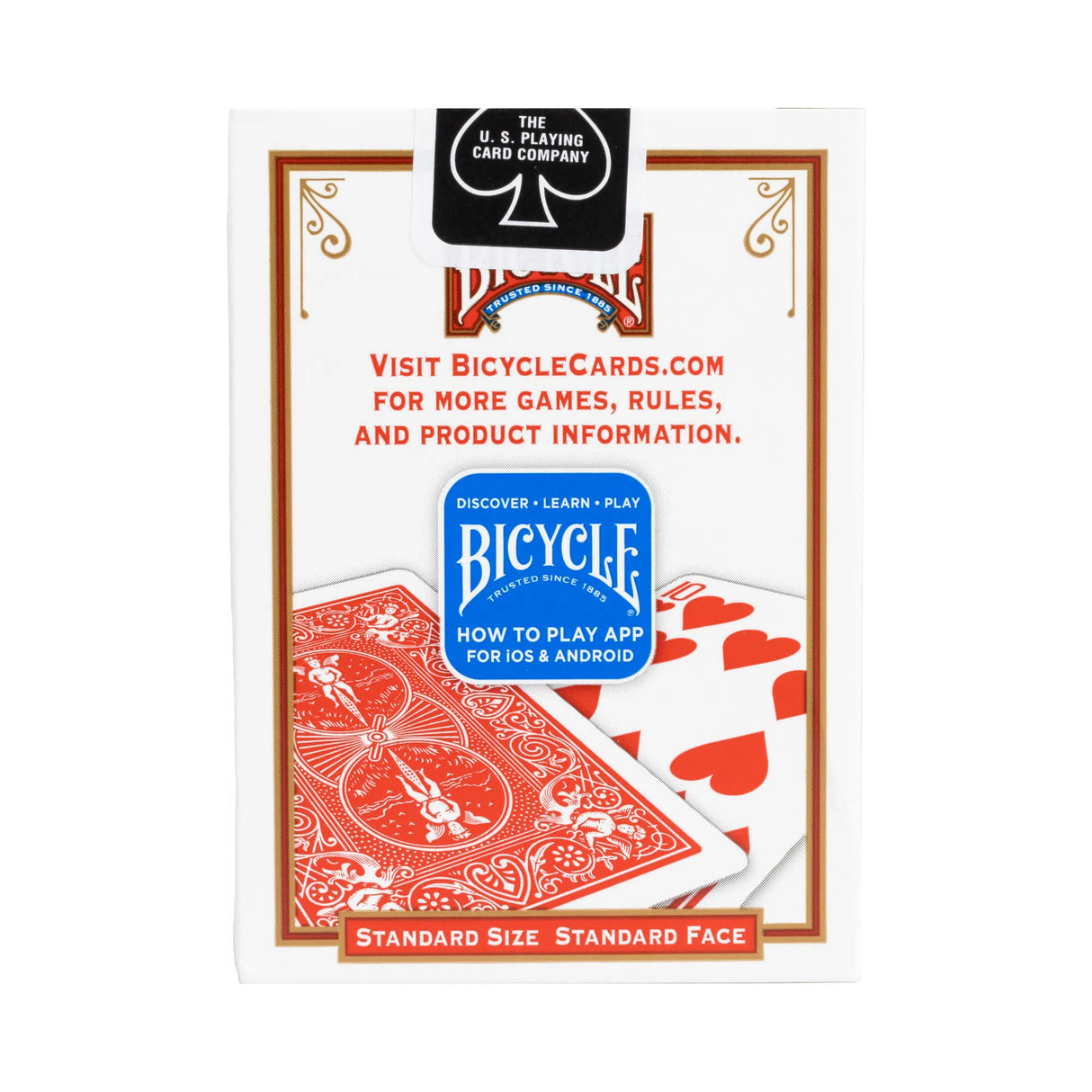 Bicycle Standard Playing Cards deck with red back design, standard size and face for classic card games.