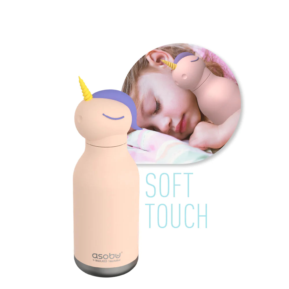 Asobu Water Bottle | Unicorn with soft touch unicorn lid, spill-proof design, and 16-ounce stainless steel body for kids.