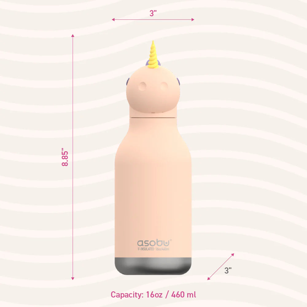 Asobu Water Bottle | Jellyfish in soft pastel with a unicorn lid, 16oz spill-proof kids stainless steel bottle.