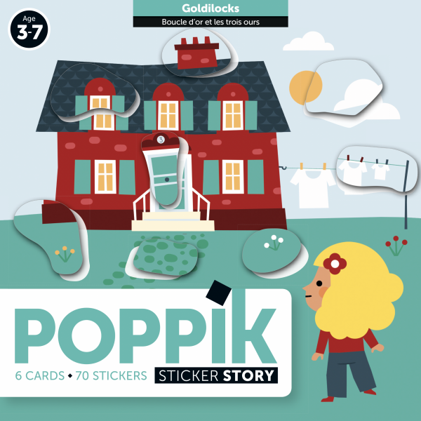 Poppik Sticker Story Goldilocks set with cards and stickers depicting a red house and character for kids ages 3 to 7.