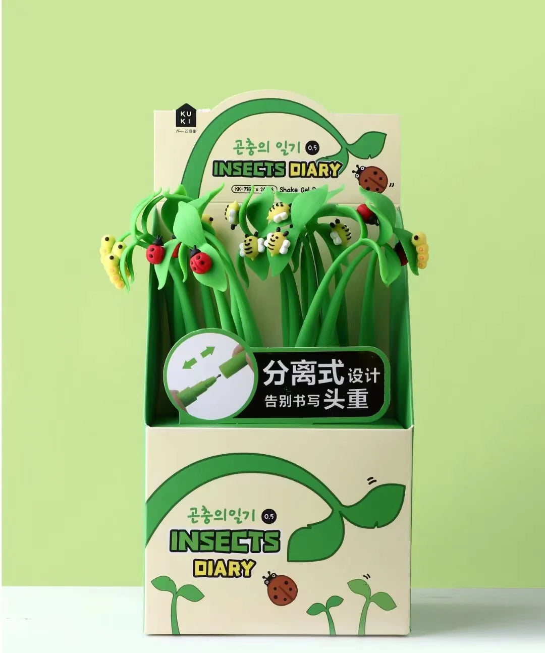 Bug on Leaf Wiggle Gel Pen with fine black gel ink, featuring cute insect designs on green leaf-shaped pens.
