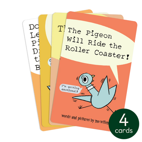 Four illustrated story cards featuring the Pigeon from Don't Let the Pigeon Drive the Bus series by Mo Willems